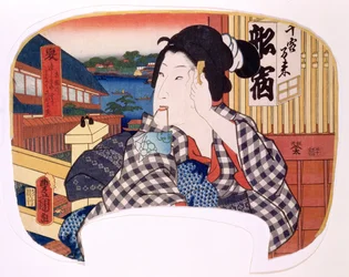 Summer, the river at Ryoguku; A geisha combing her hair, design for a fan from a set of four illustrating the seasons
